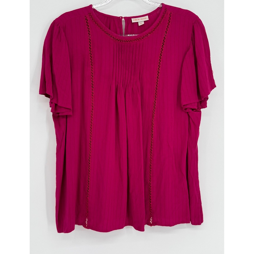 Knox Rose Womens Sz XL Magenta Pink Pintuck Ladder Lace Flutter Sleeve Blouse‎